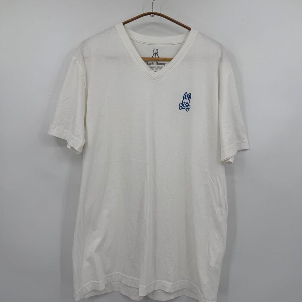 Psycho Bunny White Pima Cotton V-Neck T-Shirt Blue Logo Men’s Size 6 (XXL)